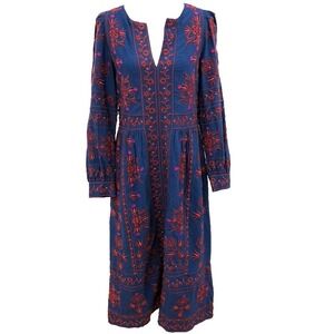 SEA New York Maxi Linen Dress Womens Medium Blue Red Embroidered Long Sleeve